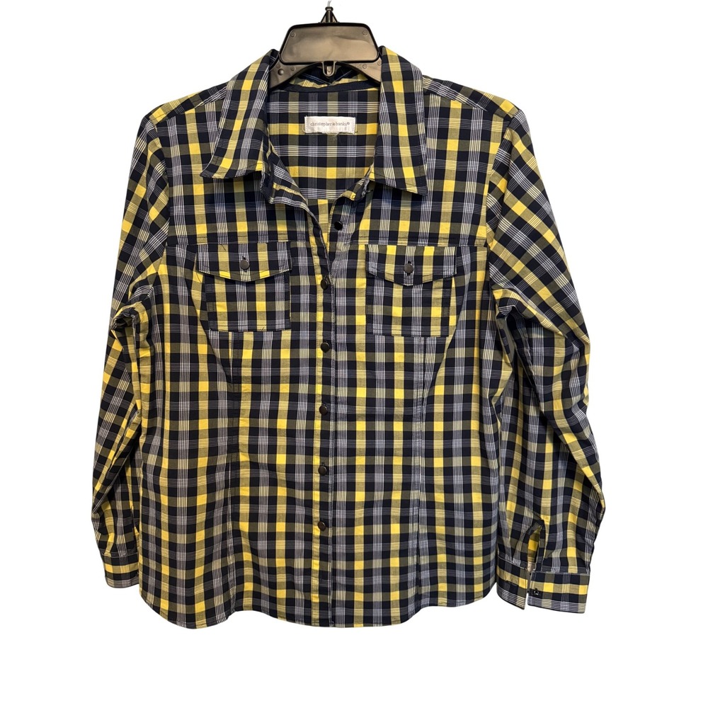 Christopher & Banks Plaid Button-Up Shirt Women's Long Sleeve Yellow‎ Blue